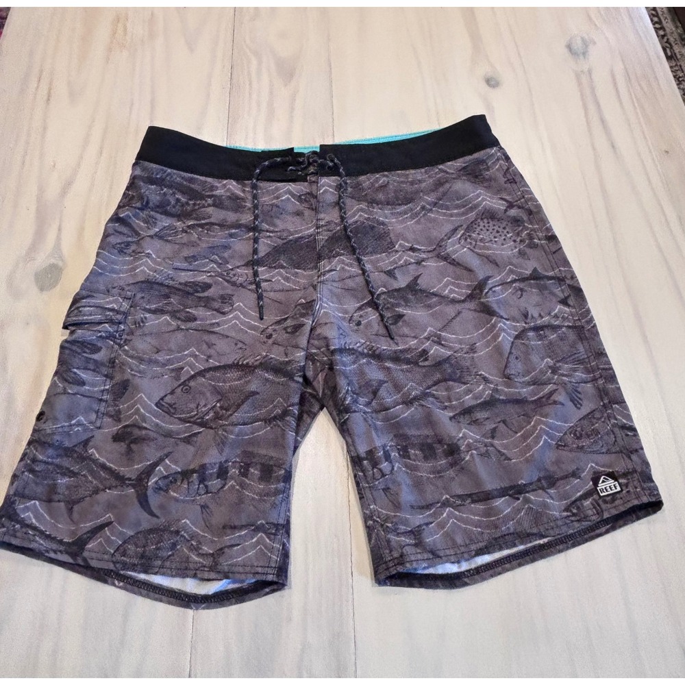 Reef Mens Fish Print Board Shorts Gray Black Performance Surf Swim Trunks 36-37